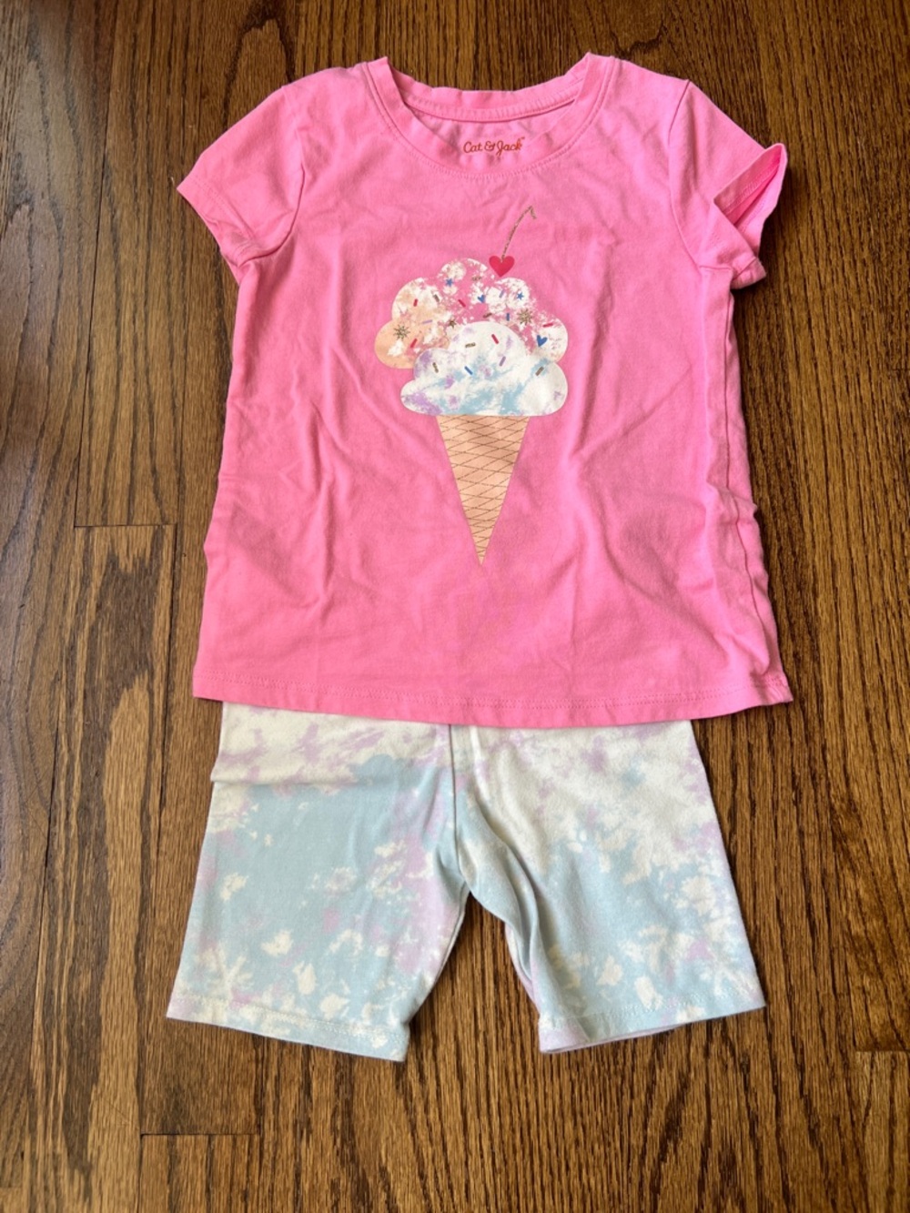 Cat & Jack Pink Ice Cream Short Sleeve Set with Pastel Tie-Dye Shorts
